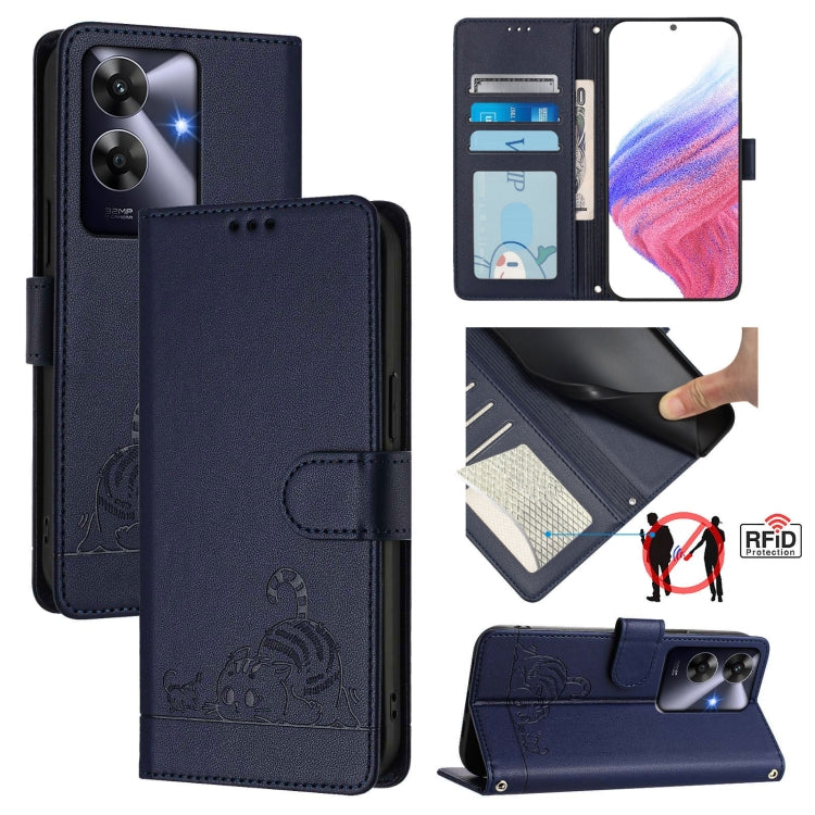 Cat Rat Embossed Pattern RFID Leather Phone Case with Lanyard, For Realme 14 Pro 5G, For Realme GT 7 Pro 5G, For Realme C63 5G Global, For Realme Note 60 4G Global