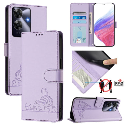 Cat Rat Embossed Pattern RFID Leather Phone Case with Lanyard, For Realme 14 Pro 5G, For Realme GT 7 Pro 5G, For Realme C63 5G Global, For Realme Note 60 4G Global