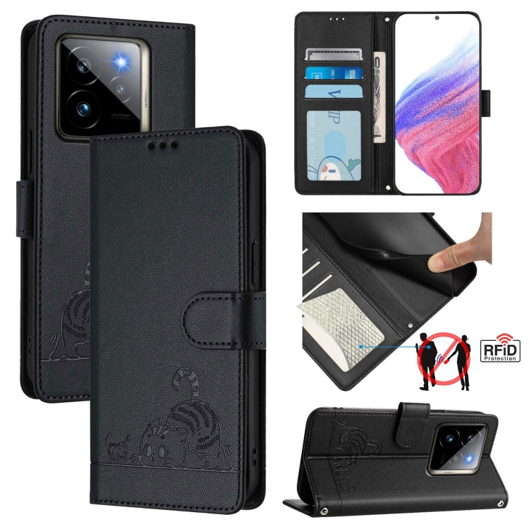 Cat Rat Embossed Pattern RFID Leather Phone Case with Lanyard, For Realme 14 Pro 5G, For Realme GT 7 Pro 5G, For Realme C63 5G Global, For Realme Note 60 4G Global
