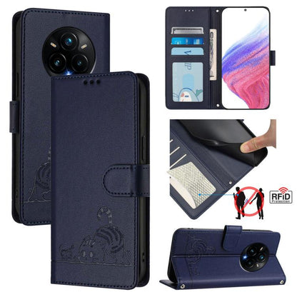 Cat Rat Embossed Pattern RFID Leather Phone Case with Lanyard, For Realme 14 5G Global / P3 5G India, For Realme P3 Ultra 5G Global, For Realme P3 5G Global, For Realme 14 Pro+ 5G