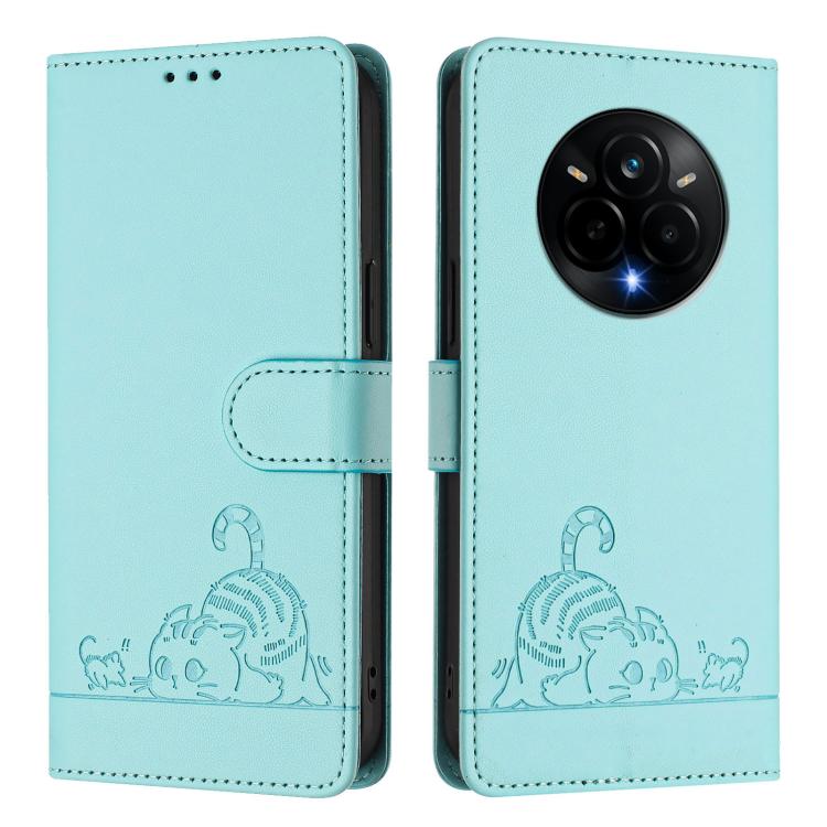 Cat Rat Embossed Pattern RFID Leather Phone Case with Lanyard, For Realme 14 Pro 5G, For Realme GT 7 Pro 5G, For Realme C63 5G Global, For Realme Note 60 4G Global