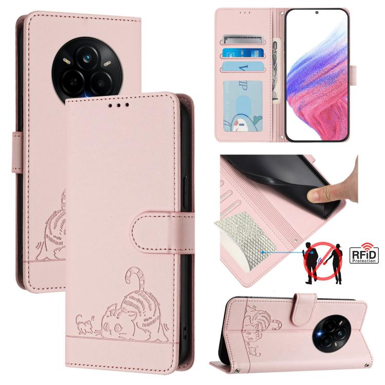 Cat Rat Embossed Pattern RFID Leather Phone Case with Lanyard, For Realme 14 Pro 5G, For Realme GT 7 Pro 5G, For Realme C63 5G Global, For Realme Note 60 4G Global