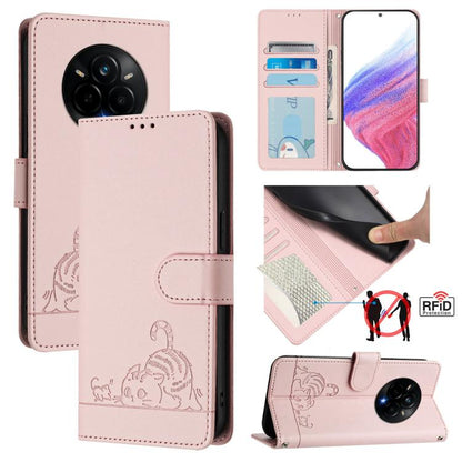 Cat Rat Embossed Pattern RFID Leather Phone Case with Lanyard, For Realme 14 Pro 5G, For Realme GT 7 Pro 5G, For Realme C63 5G Global, For Realme Note 60 4G Global