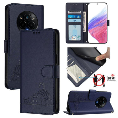 Cat Rat Embossed Pattern RFID Leather Phone Case with Lanyard, For Realme 14 Pro 5G, For Realme GT 7 Pro 5G, For Realme C63 5G Global, For Realme Note 60 4G Global