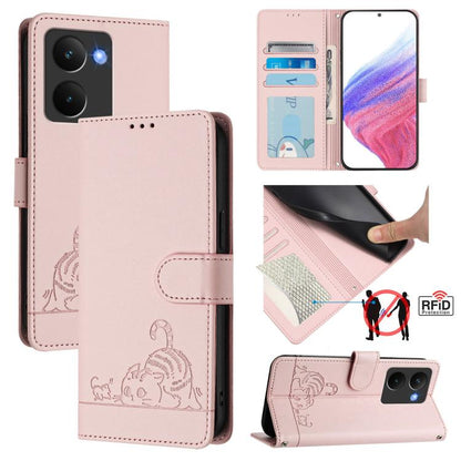 Cat Rat Embossed Pattern RFID Leather Phone Case with Lanyard, For Realme 14 5G Global / P3 5G India, For Realme P3 Ultra 5G Global, For Realme P3 5G Global, For Realme 14 Pro+ 5G