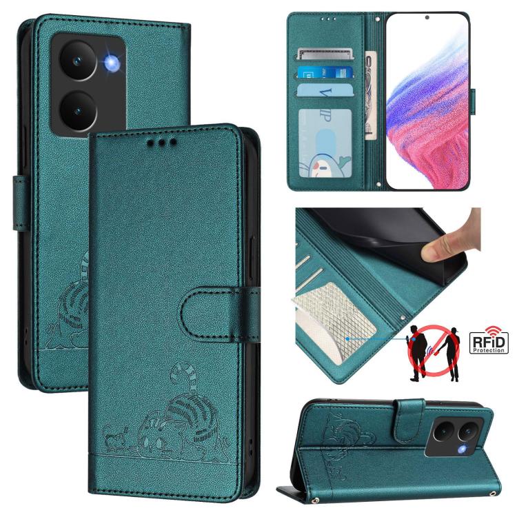Cat Rat Embossed Pattern RFID Leather Phone Case with Lanyard, For Realme 14 5G Global / P3 5G India, For Realme P3 Ultra 5G Global, For Realme P3 5G Global, For Realme 14 Pro+ 5G
