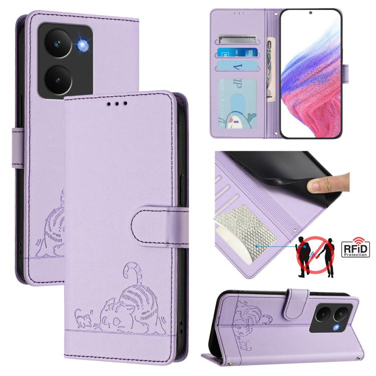 Cat Rat Embossed Pattern RFID Leather Phone Case with Lanyard, For Realme 14 5G Global / P3 5G India, For Realme P3 Ultra 5G Global, For Realme P3 5G Global, For Realme 14 Pro+ 5G