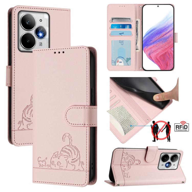 Cat Rat Embossed Pattern RFID Leather Phone Case with Lanyard, For Realme C71 4G Global, For Realme Neo7 Turbo 5G, For Realme V70 / 14x Global / C75 5G, For Realme Narzo 80 Pro / 14 Pro 5G India