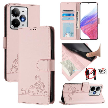 Cat Rat Embossed Pattern RFID Leather Phone Case with Lanyard, For Realme C71 4G Global, For Realme Neo7 Turbo 5G, For Realme V70 / 14x Global / C75 5G, For Realme Narzo 80 Pro / 14 Pro 5G India