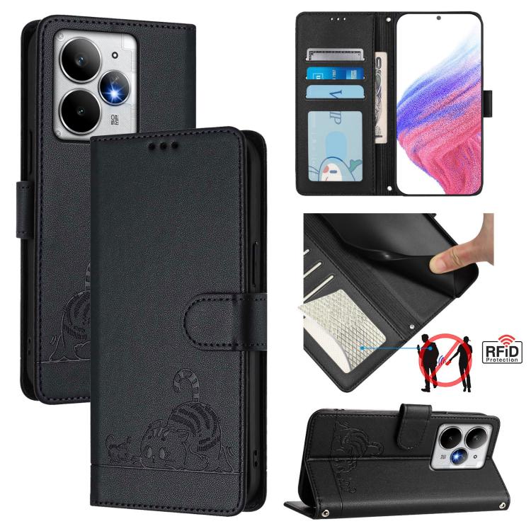 Cat Rat Embossed Pattern RFID Leather Phone Case with Lanyard, For Realme C71 4G Global, For Realme Neo7 Turbo 5G, For Realme V70 / 14x Global / C75 5G, For Realme Narzo 80 Pro / 14 Pro 5G India