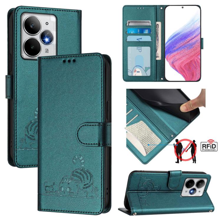 Cat Rat Embossed Pattern RFID Leather Phone Case with Lanyard, For Realme C71 4G Global, For Realme Neo7 Turbo 5G, For Realme V70 / 14x Global / C75 5G, For Realme Narzo 80 Pro / 14 Pro 5G India