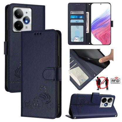 Cat Rat Embossed Pattern RFID Leather Phone Case with Lanyard, For Realme C71 4G Global, For Realme Neo7 Turbo 5G, For Realme V70 / 14x Global / C75 5G, For Realme Narzo 80 Pro / 14 Pro 5G India