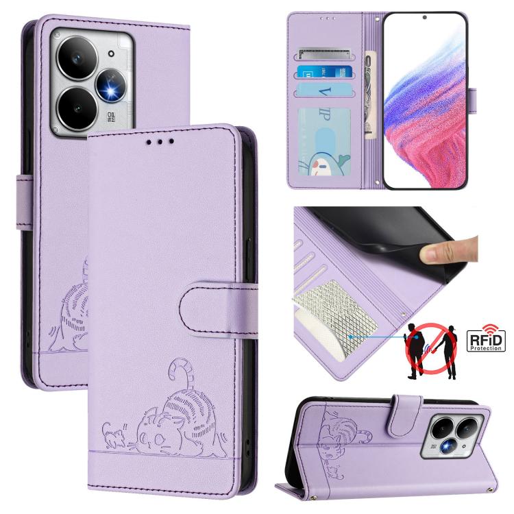 Cat Rat Embossed Pattern RFID Leather Phone Case with Lanyard, For Realme C71 4G Global, For Realme Neo7 Turbo 5G, For Realme V70 / 14x Global / C75 5G, For Realme Narzo 80 Pro / 14 Pro 5G India