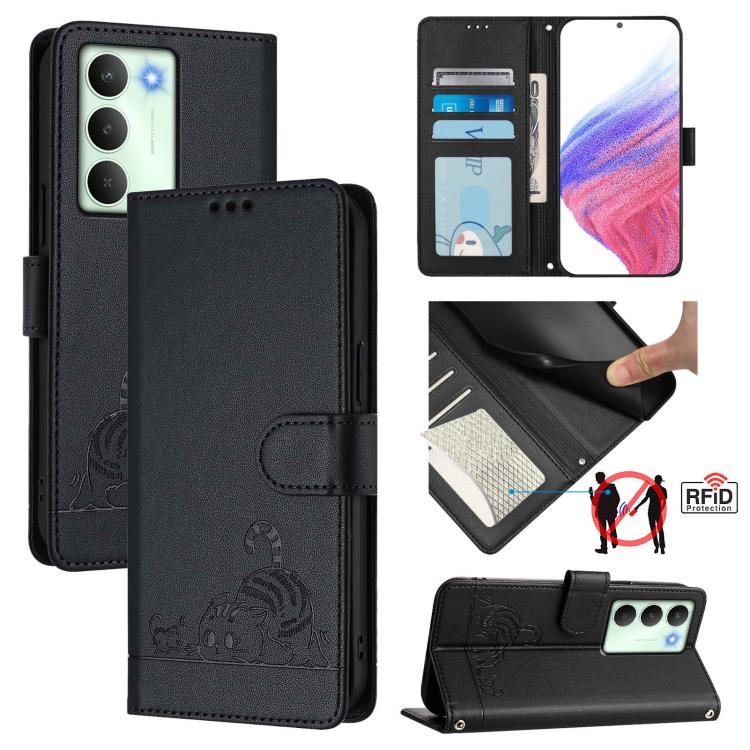 Cat Rat Embossed Pattern RFID Leather Phone Case with Lanyard, For Realme C71 4G Global, For Realme Neo7 Turbo 5G, For Realme V70 / 14x Global / C75 5G, For Realme Narzo 80 Pro / 14 Pro 5G India