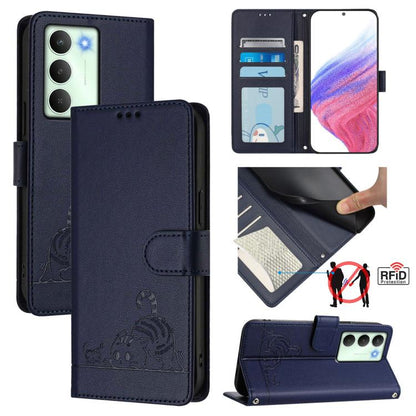 Cat Rat Embossed Pattern RFID Leather Phone Case with Lanyard, For Realme C71 4G Global, For Realme Neo7 Turbo 5G, For Realme V70 / 14x Global / C75 5G, For Realme Narzo 80 Pro / 14 Pro 5G India
