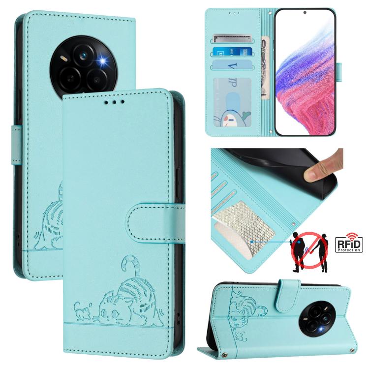 Cat Rat Embossed Pattern RFID Leather Phone Case with Lanyard, For Realme C71 4G Global, For Realme Neo7 Turbo 5G, For Realme V70 / 14x Global / C75 5G, For Realme Narzo 80 Pro / 14 Pro 5G India
