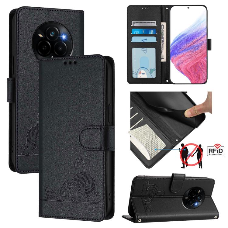 Cat Rat Embossed Pattern RFID Leather Phone Case with Lanyard, For Realme C71 4G Global, For Realme Neo7 Turbo 5G, For Realme V70 / 14x Global / C75 5G, For Realme Narzo 80 Pro / 14 Pro 5G India