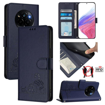Cat Rat Embossed Pattern RFID Leather Phone Case with Lanyard, For Realme C71 4G Global, For Realme Neo7 Turbo 5G, For Realme V70 / 14x Global / C75 5G, For Realme Narzo 80 Pro / 14 Pro 5G India
