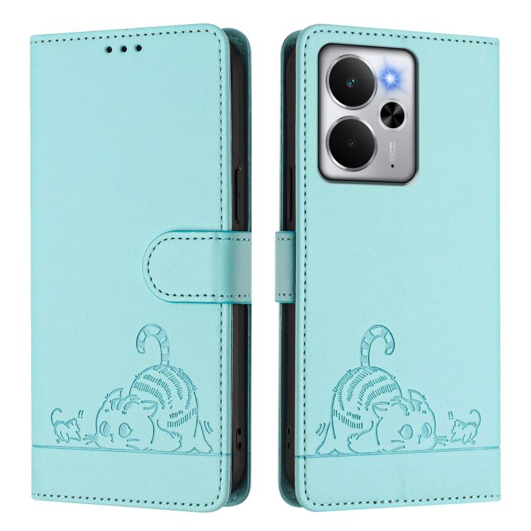 Cat Rat Embossed Pattern RFID Leather Phone Case with Lanyard, For Realme 14 5G Global / P3 5G India, For Realme P3 Ultra 5G Global, For Realme P3 5G Global, For Realme 14 Pro+ 5G