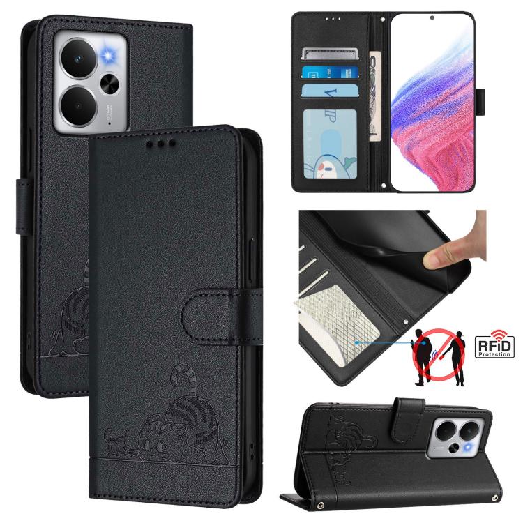 Cat Rat Embossed Pattern RFID Leather Phone Case with Lanyard, For Realme 14 5G Global / P3 5G India, For Realme P3 Ultra 5G Global, For Realme P3 5G Global, For Realme 14 Pro+ 5G