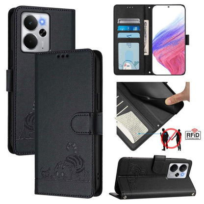 Cat Rat Embossed Pattern RFID Leather Phone Case with Lanyard, For Realme 14 5G Global / P3 5G India, For Realme P3 Ultra 5G Global, For Realme P3 5G Global, For Realme 14 Pro+ 5G