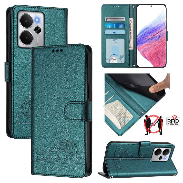 Cat Rat Embossed Pattern RFID Leather Phone Case with Lanyard, For Realme 14 5G Global / P3 5G India, For Realme P3 Ultra 5G Global, For Realme P3 5G Global, For Realme 14 Pro+ 5G