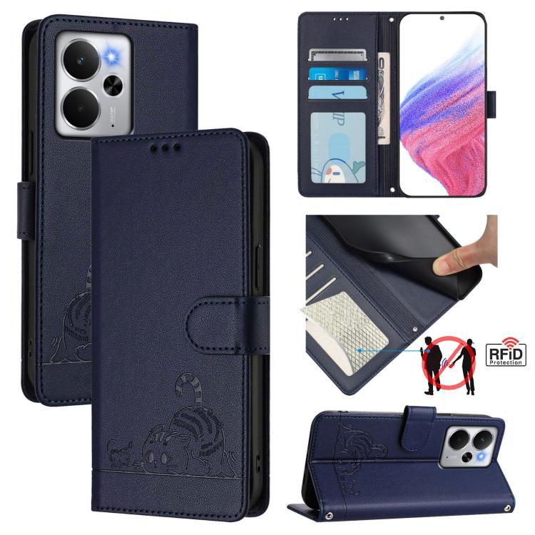 Cat Rat Embossed Pattern RFID Leather Phone Case with Lanyard, For Realme 14 5G Global / P3 5G India, For Realme P3 Ultra 5G Global, For Realme P3 5G Global, For Realme 14 Pro+ 5G
