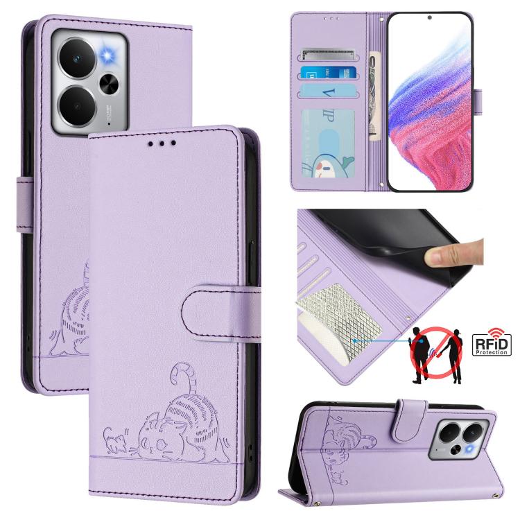 Cat Rat Embossed Pattern RFID Leather Phone Case with Lanyard, For Realme 14 5G Global / P3 5G India, For Realme P3 Ultra 5G Global, For Realme P3 5G Global, For Realme 14 Pro+ 5G