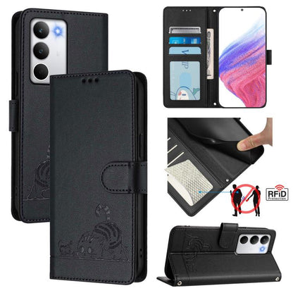 Cat Rat Embossed Pattern RFID Leather Phone Case with Lanyard, For Realme C71 4G Global, For Realme Neo7 Turbo 5G, For Realme V70 / 14x Global / C75 5G, For Realme Narzo 80 Pro / 14 Pro 5G India