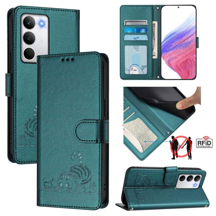 Cat Rat Embossed Pattern RFID Leather Phone Case with Lanyard, For Realme C71 4G Global, For Realme Neo7 Turbo 5G, For Realme V70 / 14x Global / C75 5G, For Realme Narzo 80 Pro / 14 Pro 5G India