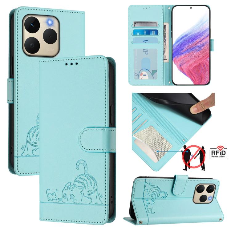 Cat Rat Embossed Pattern RFID Leather Phone Case with Lanyard, For Realme P4 5G, For Realme 15T 5G Global, For Realme C71 4G India, For Realme 15 / 15 Pro 5G Global