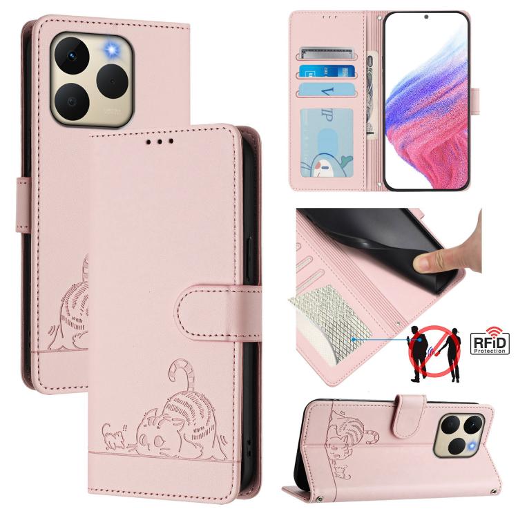 Cat Rat Embossed Pattern RFID Leather Phone Case with Lanyard, For Realme P4 5G, For Realme 15T 5G Global, For Realme C71 4G India, For Realme 15 / 15 Pro 5G Global