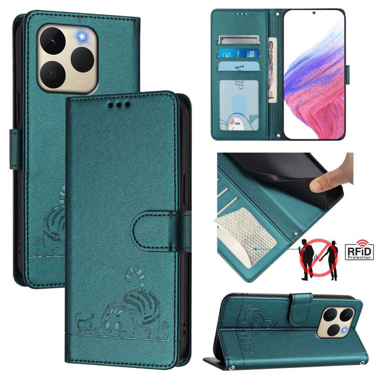 Cat Rat Embossed Pattern RFID Leather Phone Case with Lanyard, For Realme P4 5G, For Realme 15T 5G Global, For Realme C71 4G India, For Realme 15 / 15 Pro 5G Global