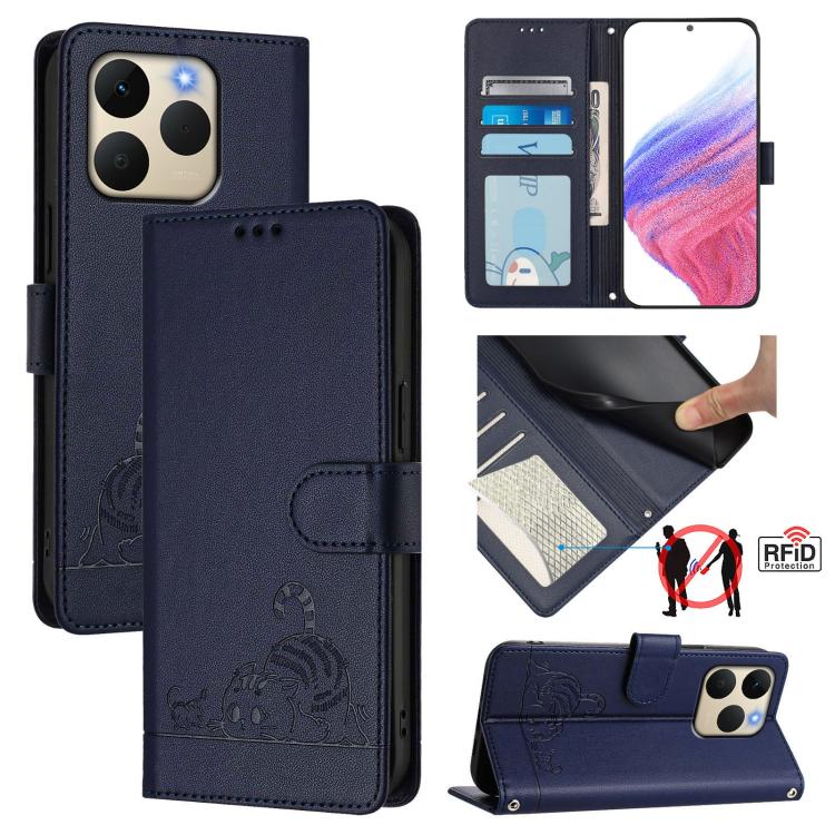 Cat Rat Embossed Pattern RFID Leather Phone Case with Lanyard, For Realme P4 5G, For Realme 15T 5G Global, For Realme C71 4G India, For Realme 15 / 15 Pro 5G Global