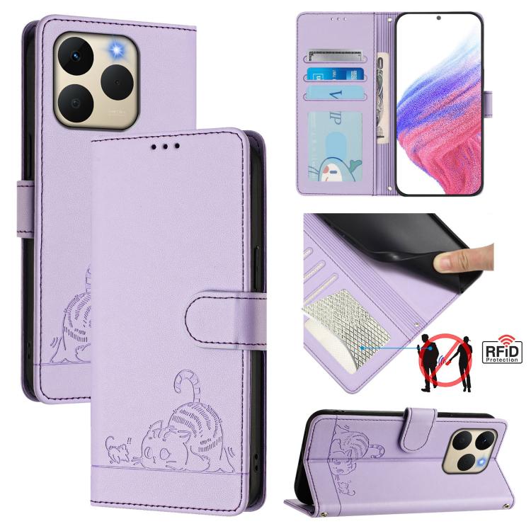 Cat Rat Embossed Pattern RFID Leather Phone Case with Lanyard, For Realme P4 5G, For Realme 15T 5G Global, For Realme C71 4G India, For Realme 15 / 15 Pro 5G Global