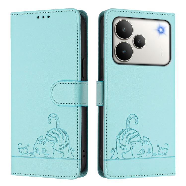 Cat Rat Embossed Pattern RFID Leather Phone Case with Lanyard, For Realme P4 5G, For Realme 15T 5G Global, For Realme C71 4G India, For Realme 15 / 15 Pro 5G Global