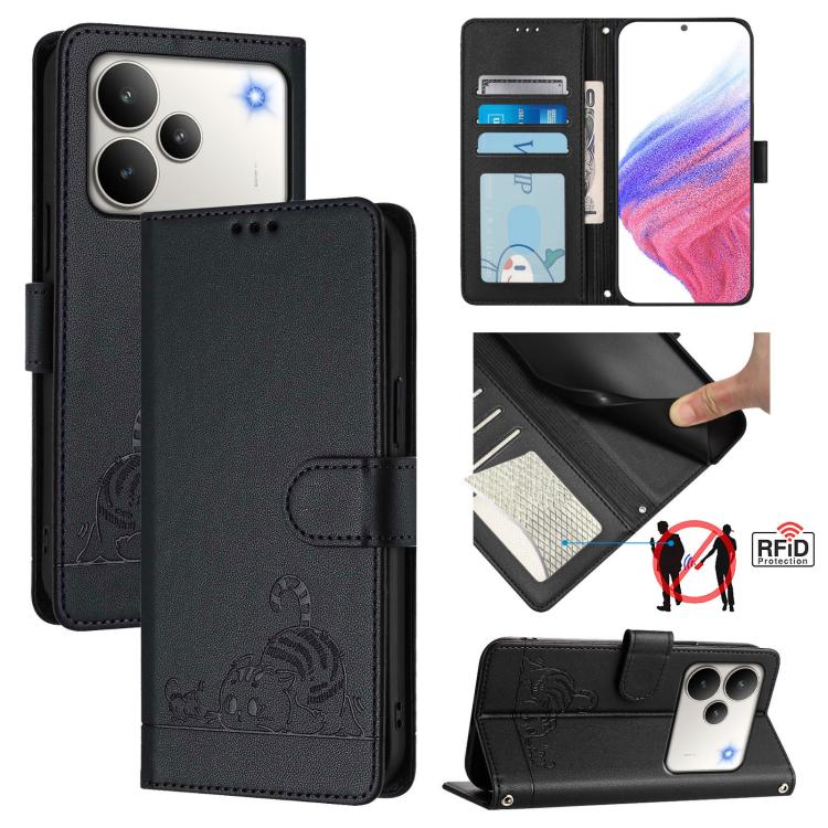 Cat Rat Embossed Pattern RFID Leather Phone Case with Lanyard, For Realme P4 5G, For Realme 15T 5G Global, For Realme C71 4G India, For Realme 15 / 15 Pro 5G Global