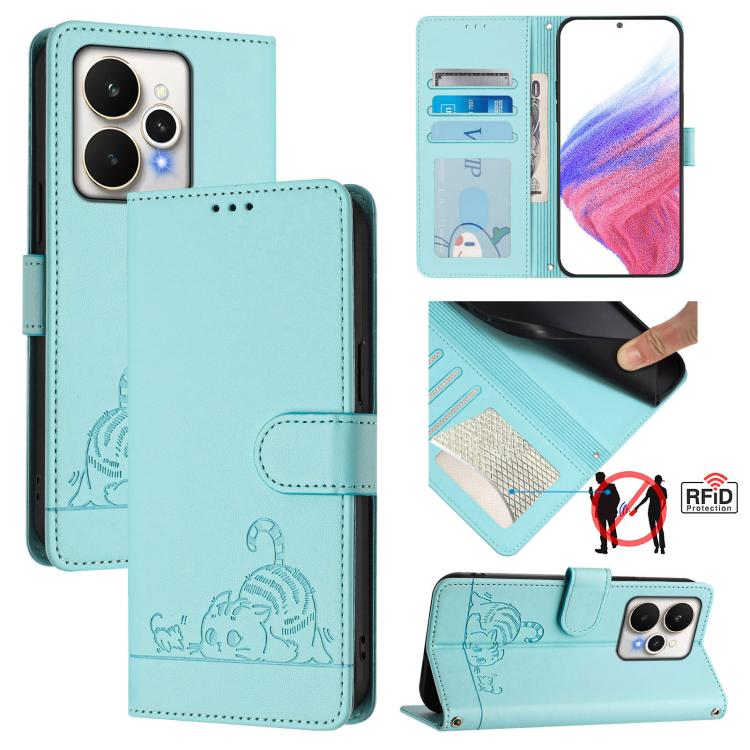 Cat Rat Embossed Pattern RFID Leather Phone Case with Lanyard, For Realme P4 5G, For Realme 15T 5G Global, For Realme C71 4G India, For Realme 15 / 15 Pro 5G Global