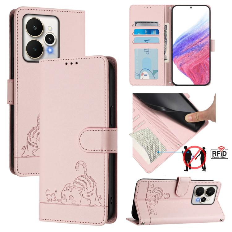Cat Rat Embossed Pattern RFID Leather Phone Case with Lanyard, For Realme P4 5G, For Realme 15T 5G Global, For Realme C71 4G India, For Realme 15 / 15 Pro 5G Global