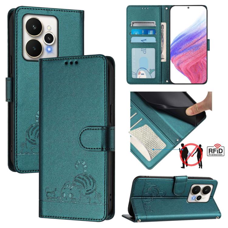 Cat Rat Embossed Pattern RFID Leather Phone Case with Lanyard, For Realme P4 5G, For Realme 15T 5G Global, For Realme C71 4G India, For Realme 15 / 15 Pro 5G Global