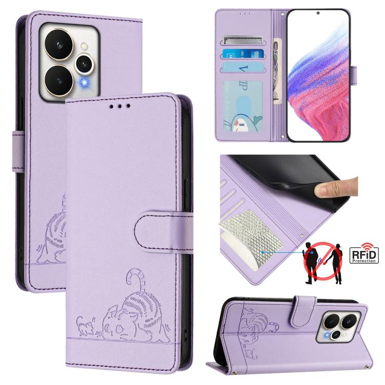 Cat Rat Embossed Pattern RFID Leather Phone Case with Lanyard, For Realme P4 5G, For Realme 15T 5G Global, For Realme C71 4G India, For Realme 15 / 15 Pro 5G Global