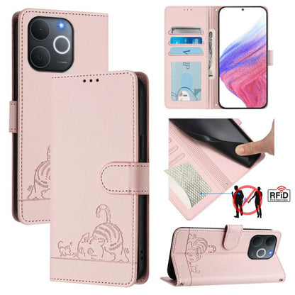 Cat Rat Embossed Pattern RFID Leather Phone Case with Lanyard, For Realme P4 5G, For Realme 15T 5G Global, For Realme C71 4G India, For Realme 15 / 15 Pro 5G Global