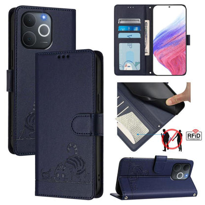 Cat Rat Embossed Pattern RFID Leather Phone Case with Lanyard, For Realme P4 5G, For Realme 15T 5G Global, For Realme C71 4G India, For Realme 15 / 15 Pro 5G Global