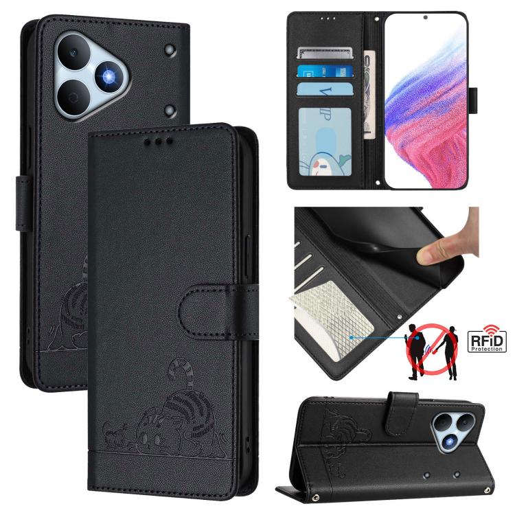 Cat Rat Embossed Pattern RFID Leather Phone Case with Lanyard, For Realme Note 80 4G Global, For Realme C83 5G India / C85 5G, For Realme 16 5G Global, For Realme 16 Pro+ 5G Global