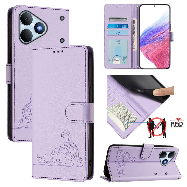 Cat Rat Embossed Pattern RFID Leather Phone Case with Lanyard, For Realme Note 80 4G Global, For Realme C83 5G India / C85 5G, For Realme 16 5G Global, For Realme 16 Pro+ 5G Global