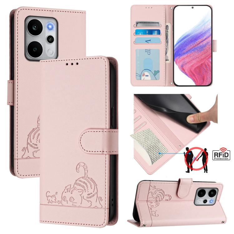 Cat Rat Embossed Pattern RFID Leather Phone Case with Lanyard, For Realme P4x 5G / OnePlus Nord CE6 Lite, For Realme 16T 5G Global, For Realme C100 5G / C85 5G Global, For Realme P4 Power 5G