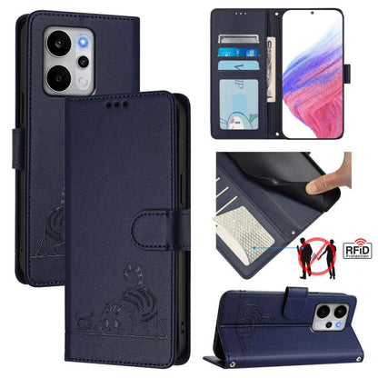 Cat Rat Embossed Pattern RFID Leather Phone Case with Lanyard, For Realme P4x 5G / OnePlus Nord CE6 Lite, For Realme 16T 5G Global, For Realme C100 5G / C85 5G Global, For Realme P4 Power 5G