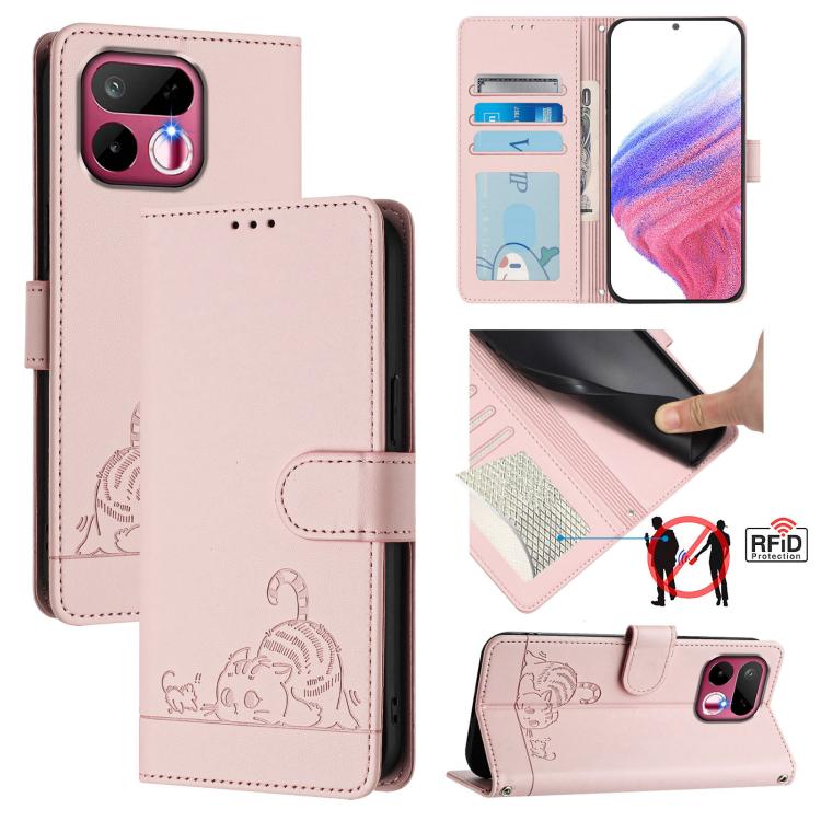 Cat Rat Embossed Pattern RFID Leather Phone Case with Lanyard, For Realme P4x 5G / OnePlus Nord CE6 Lite, For Realme 16T 5G Global, For Realme C100 5G / C85 5G Global, For Realme P4 Power 5G