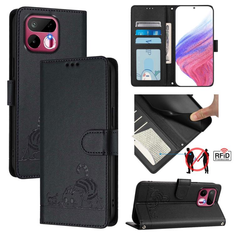 Cat Rat Embossed Pattern RFID Leather Phone Case with Lanyard, For Realme P4x 5G / OnePlus Nord CE6 Lite, For Realme 16T 5G Global, For Realme C100 5G / C85 5G Global, For Realme P4 Power 5G