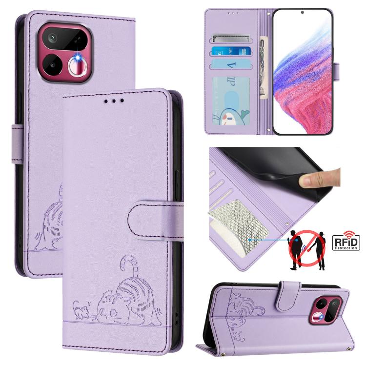 Cat Rat Embossed Pattern RFID Leather Phone Case with Lanyard, For Realme P4x 5G / OnePlus Nord CE6 Lite, For Realme 16T 5G Global, For Realme C100 5G / C85 5G Global, For Realme P4 Power 5G